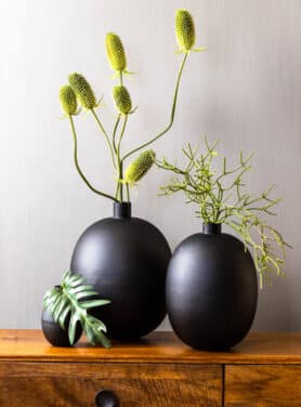 Mat Zwarte Bol Vaas Op Houten Kast Met Groene Kunsttakken