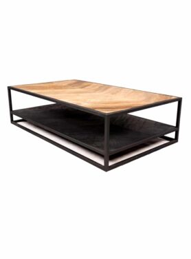 houten visgraat salontafel met zwart staal