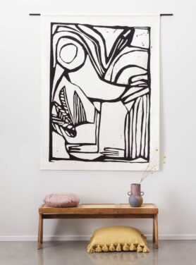 zwart-witte wandkleed ‘Vogel’ lino techniek door Derk Wessel