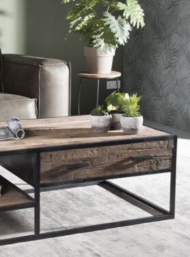 Lot salontafel hout met lade en zwart onderstel