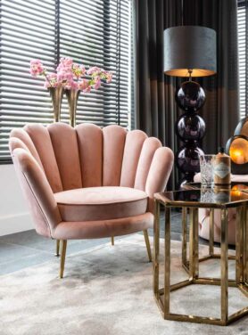 Charly fauteuil roze schelp velvet gouden poten