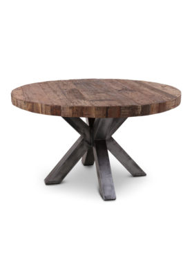 Houten ronde eettafel robuust met metalen x poot