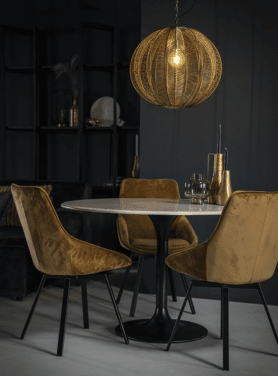 Eetkamerstoel Beau Velvet Oker Geel Metalen Onderstel Draaistoel Sfeer