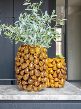 Goud gele vazen met vruchten op aanrecht