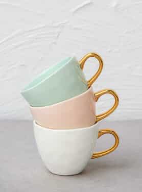 Good Morning Cofee Cup Old Pink Samen Met Whie Cofee Cup En Celadon Cofee Cup