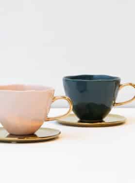 Good Morning Cup Old Pink Mte Goud Oor En Blue Green Met Goud Oor