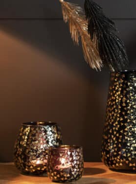 Waxinelichthouder Donker Glas Met Gouden Driehoekjes Gecombineerd Met Grotere