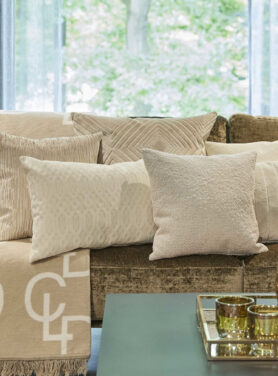 Verschillende Claudi Kussens Met Witte En Beige Kleuren Op Een Bronze Bank