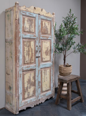 Houten Kast Uniek Geel Blauw Bruin