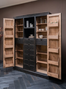 Twee Deuren Kast Hout Zwart Met Vakken En Lades