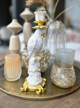 Kandelaar lila met goud papegaai op rond gouden dienblad