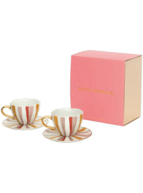 Cadeauset Good Morning Met Gouden Details En Gekleurde Strepen Bordjes En Kopjes