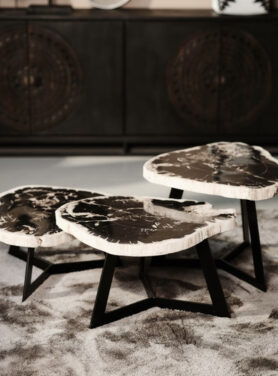 Drie Salontafels Met Zwarte Poten Versteend Hout