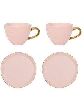 Good Morning Cadeau Set Met Kopjes En Bordjes Old Pink Kleur Met Gouden Details