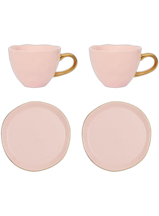 Good Morning Cadeau Set Met Kopjes En Bordjes Old Pink Kleur Met Gouden Details